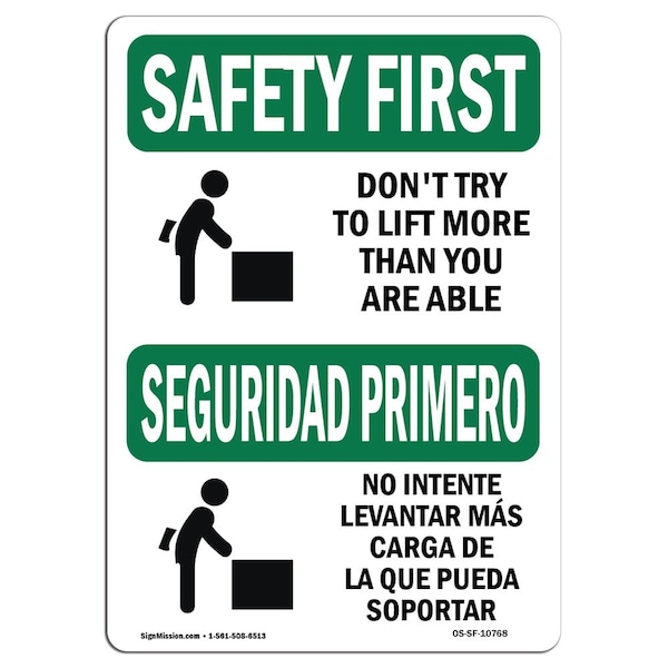 OSHA Sign, Don't Try To Lift More Than Bilingual, 18in X 12in Aluminum, 12" W, 18" L, Landscape
